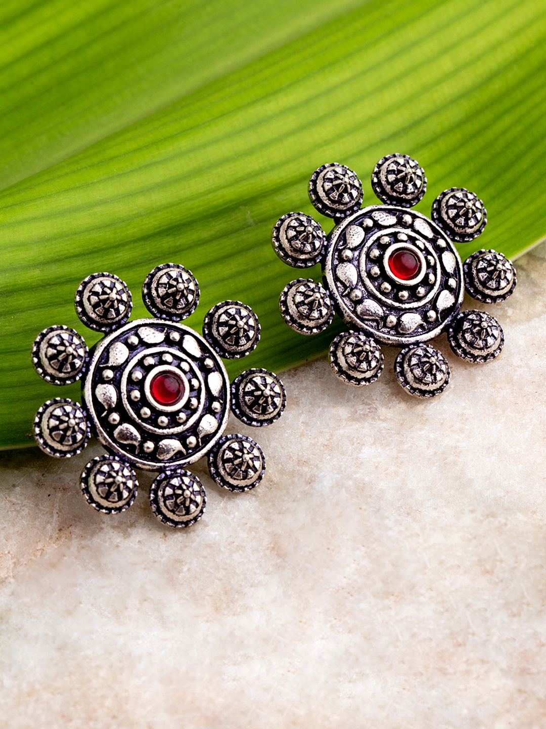 

Voylla Maroon Silver-Plated Circular Drop Earrings