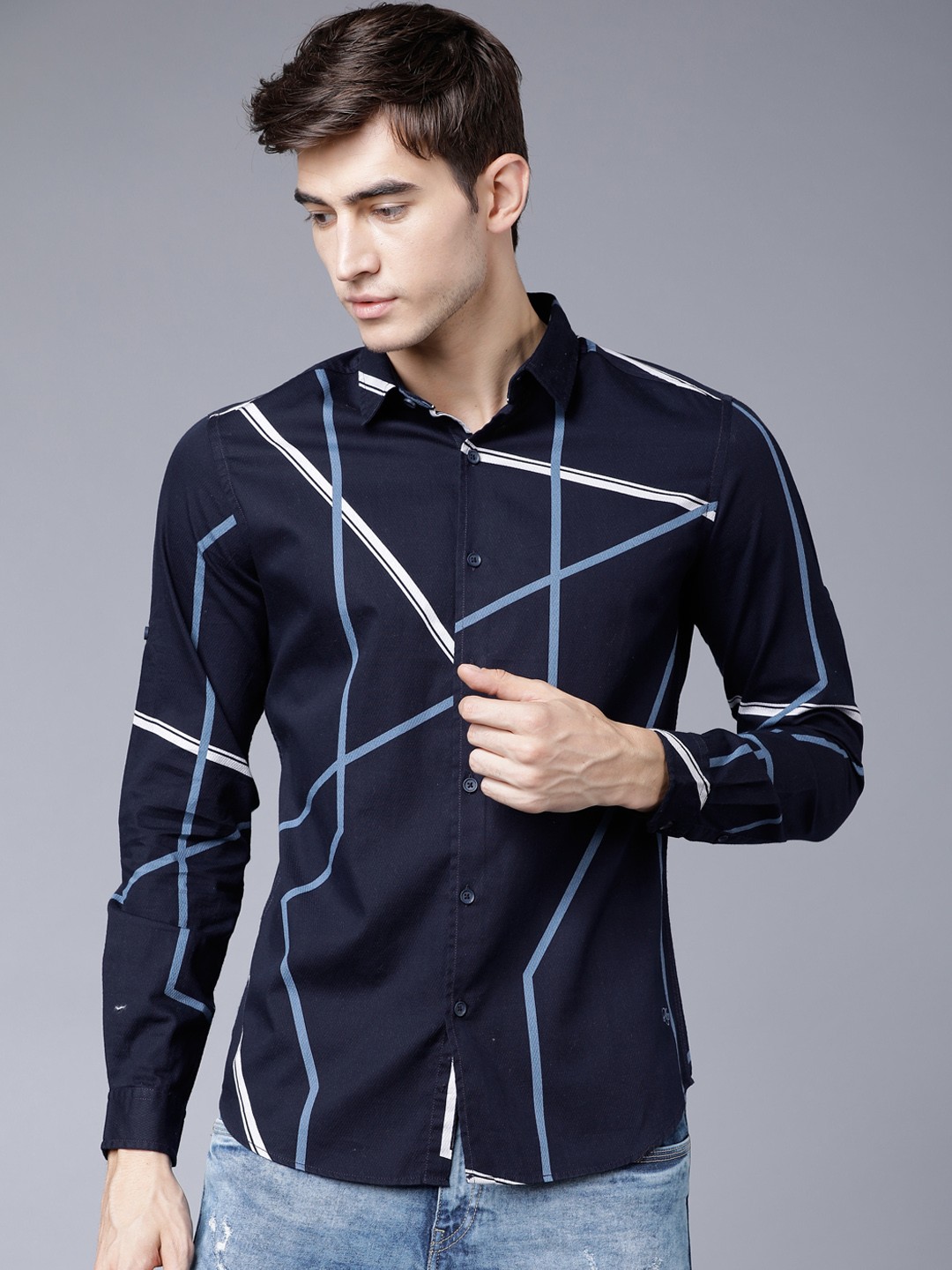 

LOCOMOTIVE Men Navy Blue & Blue Slim Fit Printed Casual Shirt