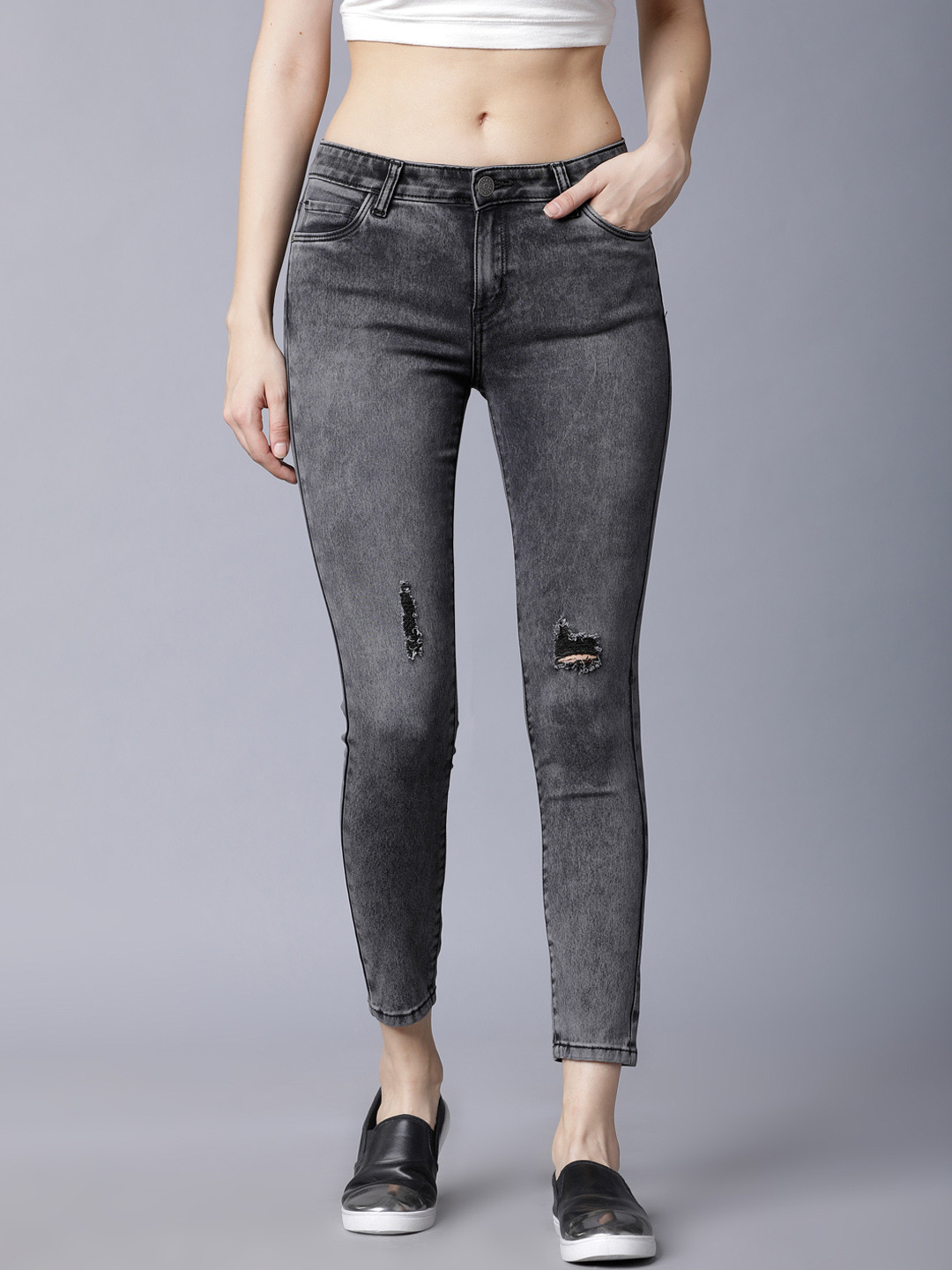 

Tokyo Talkies Women Grey Skinny Fit Mid-Rise Low Distress Stretchable Jeans