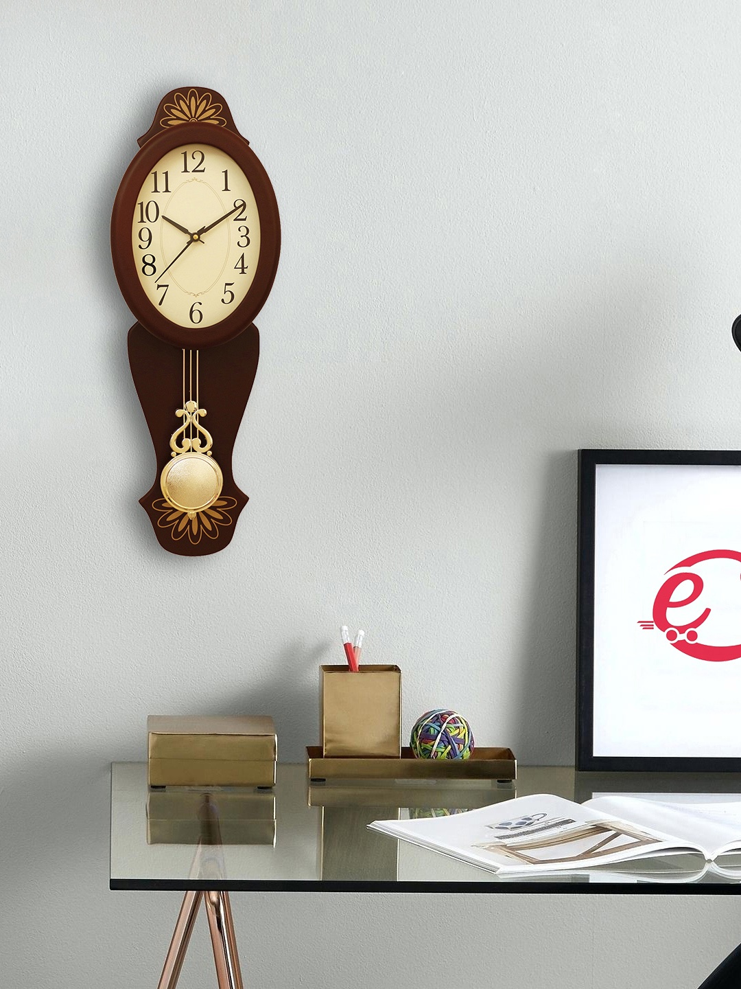 

eCraftIndia Brown Handcrafted Oval Solid Analogue Wall Clock