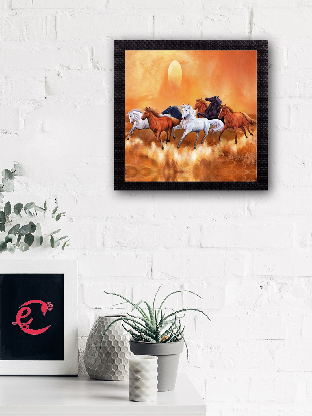 

eCraftIndia Multicoloured 7 Running Lucky Horses UV Wall Art, Multi