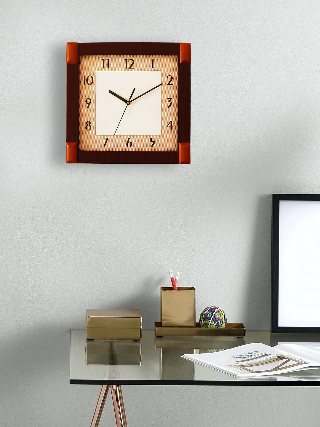

eCraftIndia Brown Handcrafted Square Printed Analogue Wall Clock