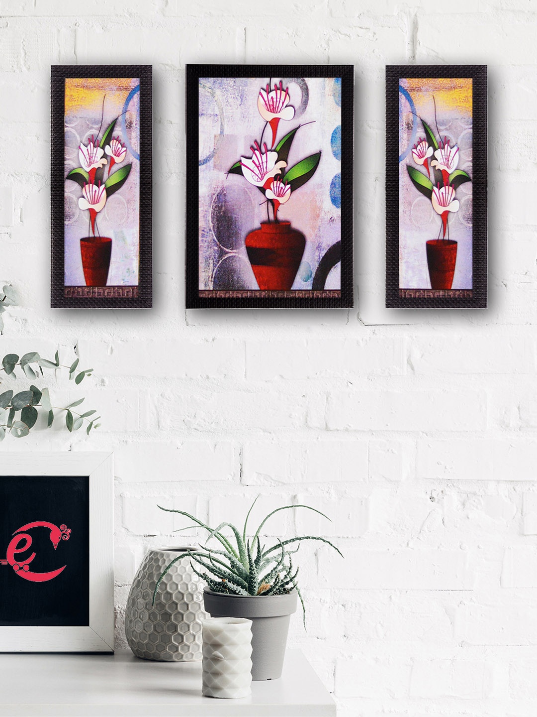

eCraftIndia Set of 3 Multicoloured Flowers UV Wall Art, Multi