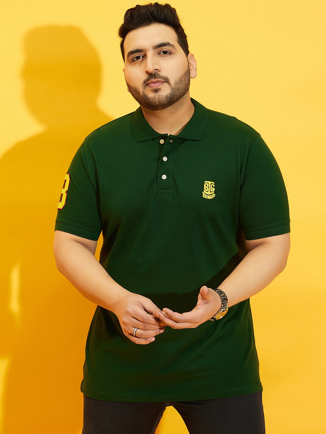

bigbanana Plus Size Men Green Solid Polo Collar Pure Cotton T-shirt