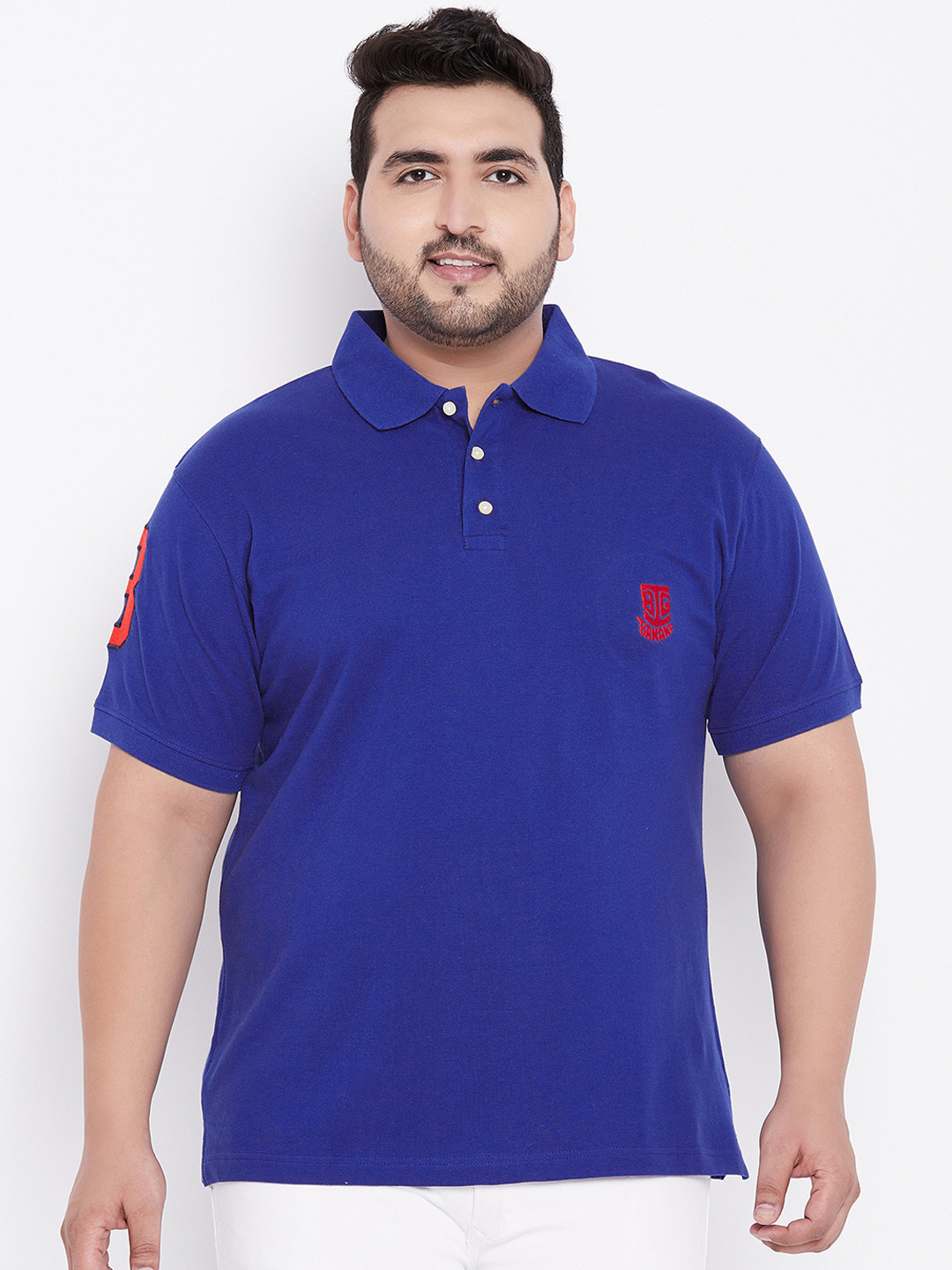 

bigbanana Plus Size Men Blue Solid Polo Collar Pure Cotton T-shirt