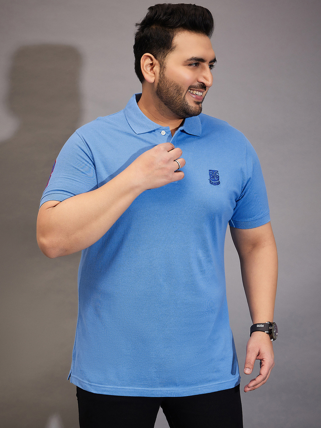 

bigbanana Plus Size Men Blue Solid Polo Collar Pure Cotton T-shirt