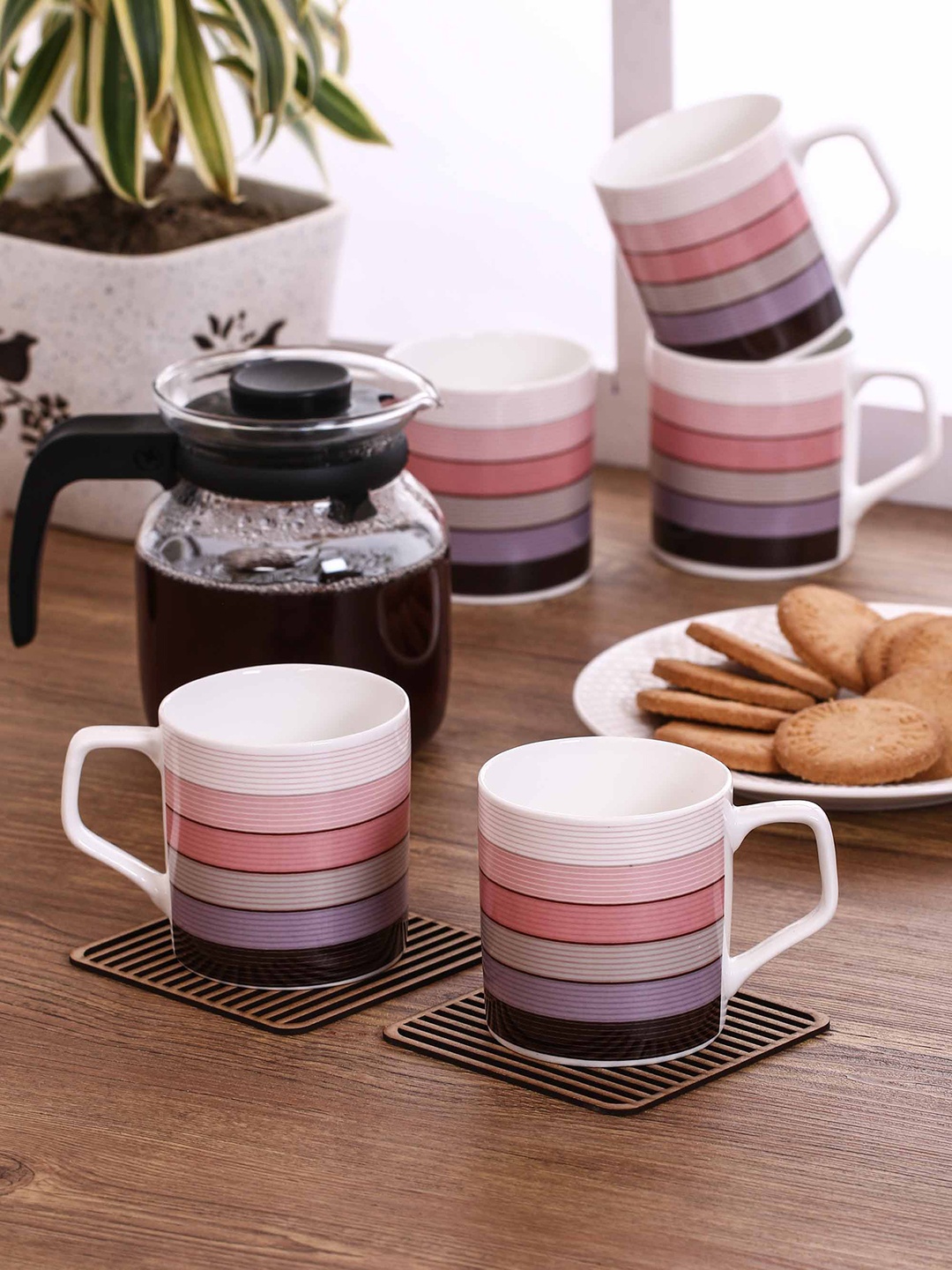 

CLAY CRAFT Set of 6 Multicoloured Printed Tea Cup Set, Multi