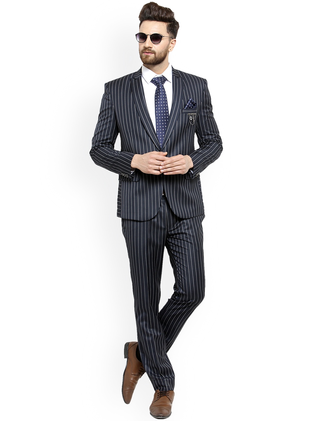 

LUXURAZI Men Navy Blue & Grey Striped Single-Breasted Two-Piece Suit