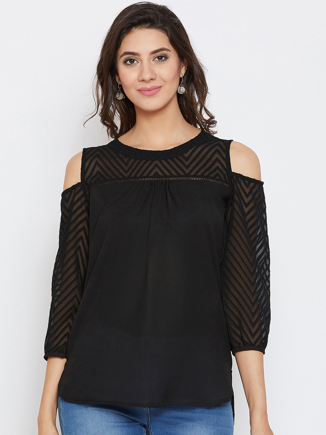 

Ruhaans Women Black Self Design High-Low Top