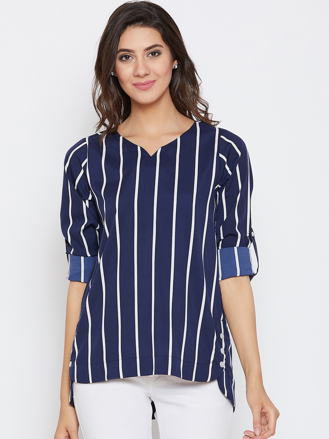 

Ruhaans Women Blue Striped High-Low Top