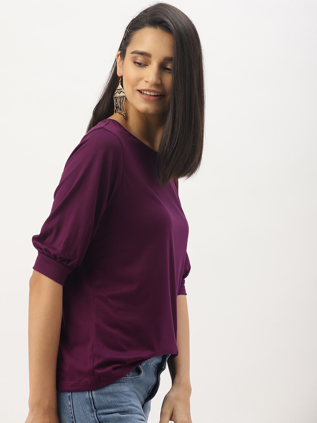 

DressBerry Purple Pleated Top With Puff Sleeves