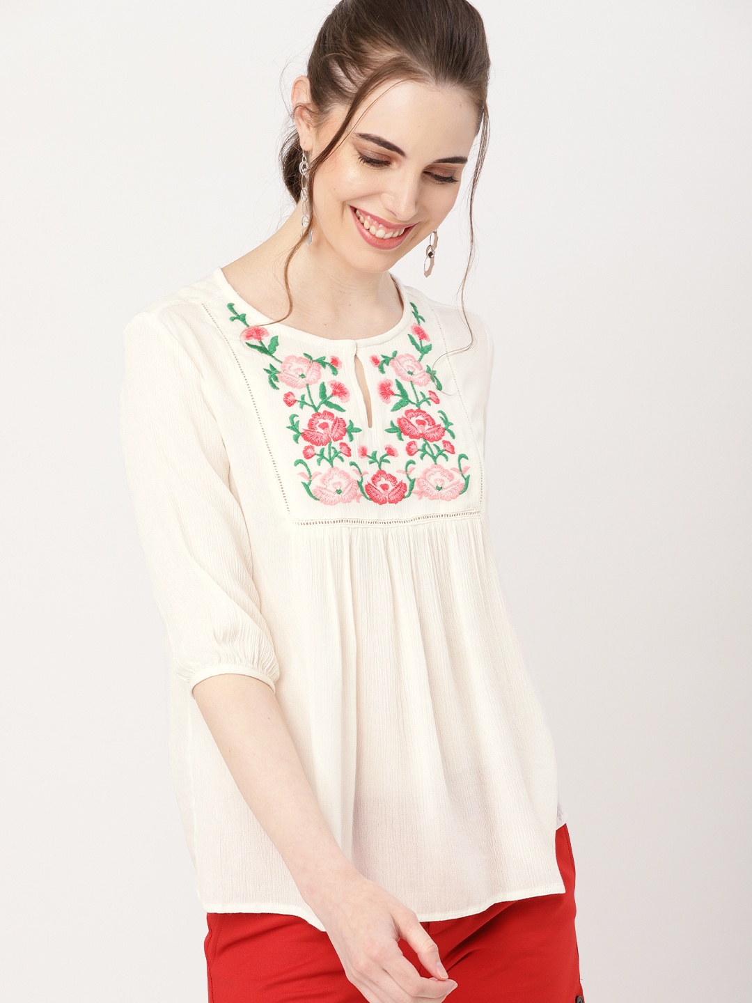 

DressBerry Women Off-White Embroidered Top