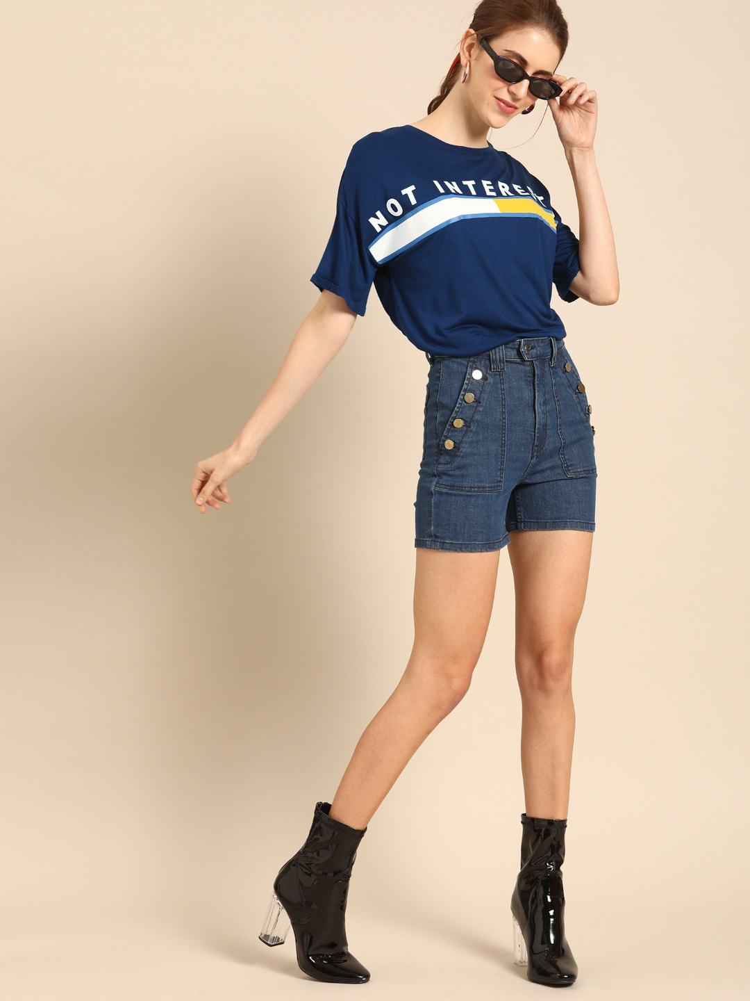 

DressBerry Women Blue Printed Round Neck Pure Cotton T-shirt