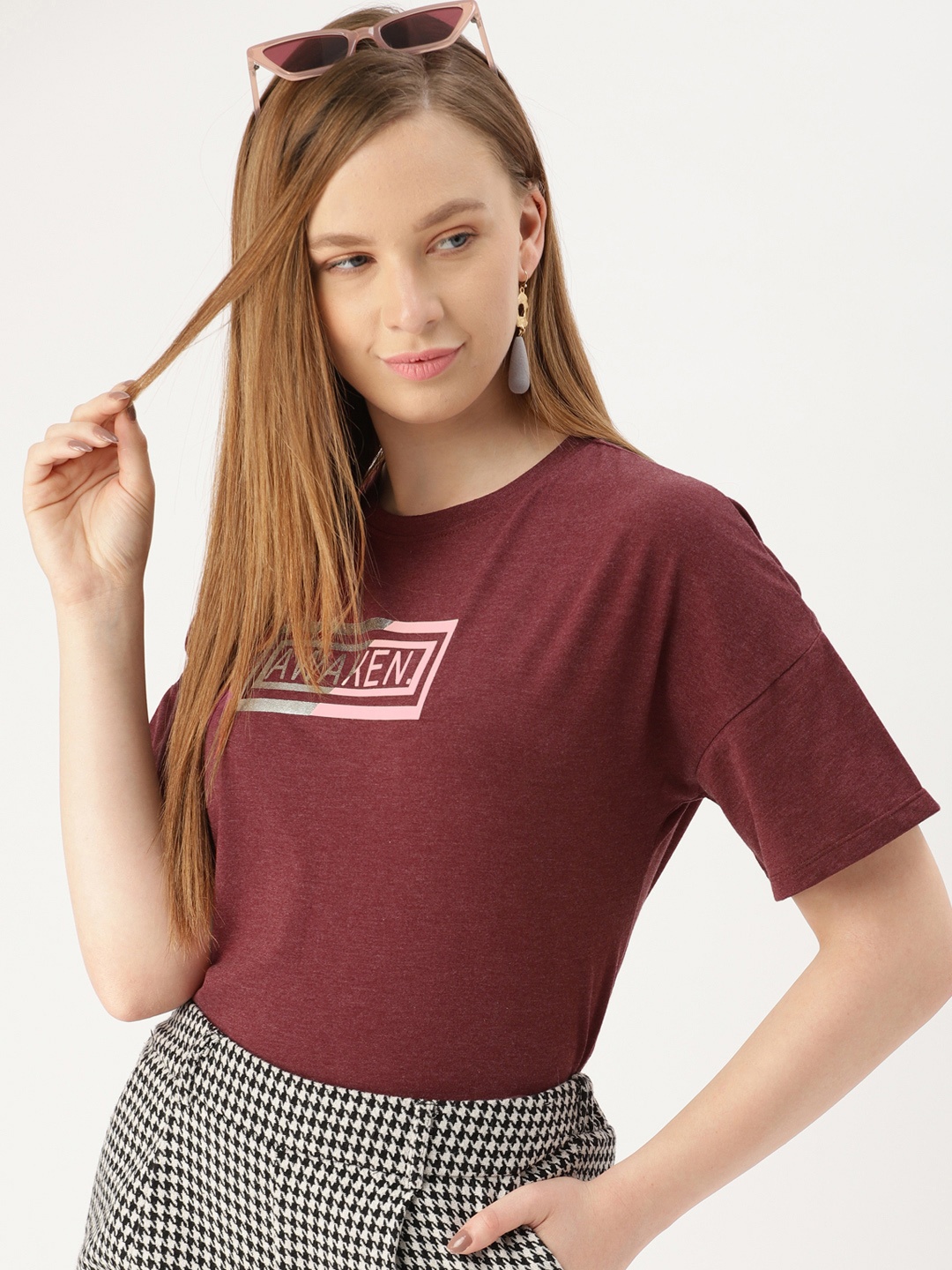 

DressBerry Women Maroon Printed Round Neck T-shirt