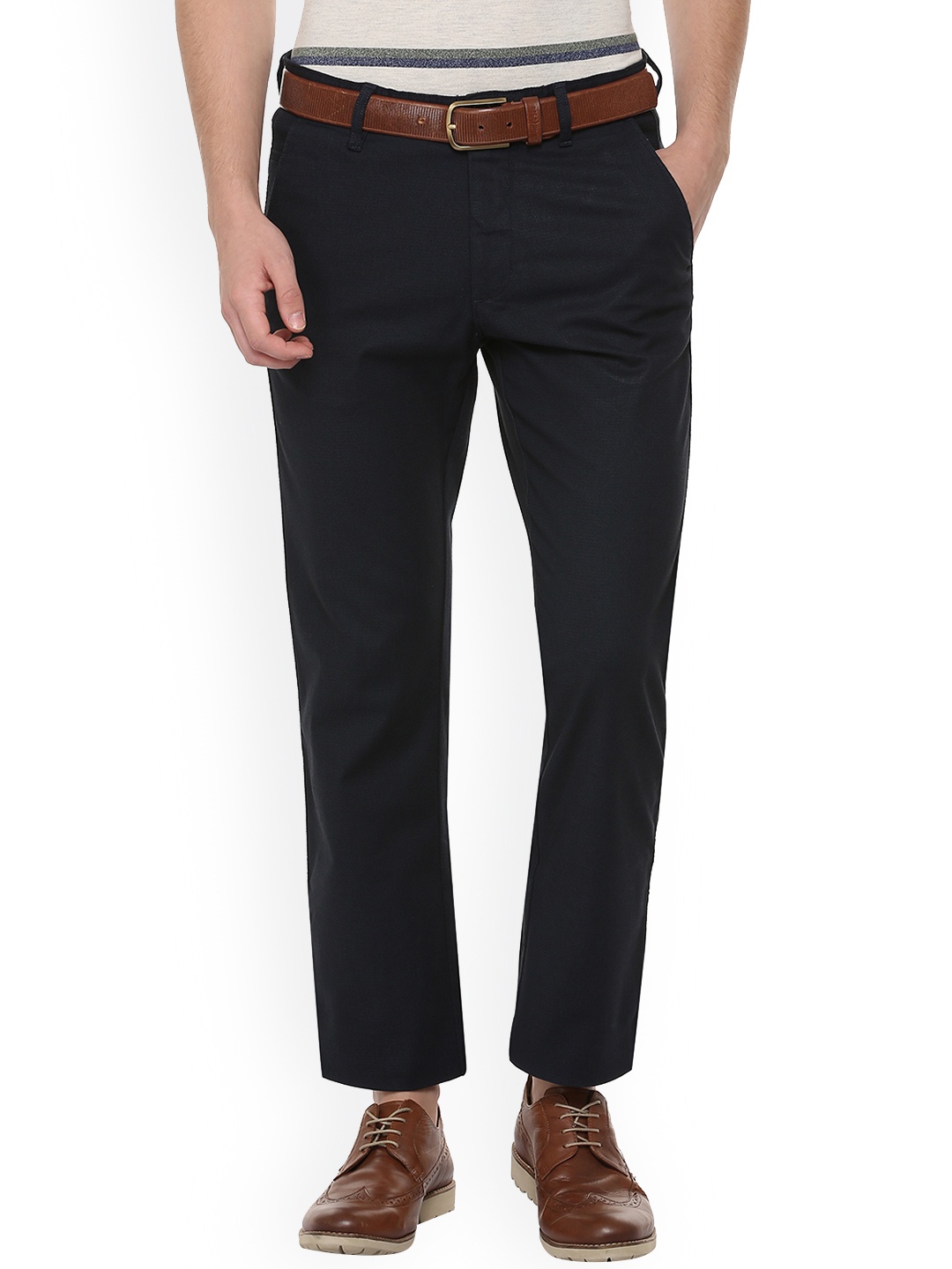 

Allen Solly Men Navy Blue Regular Fit Self Design Formal Trousers