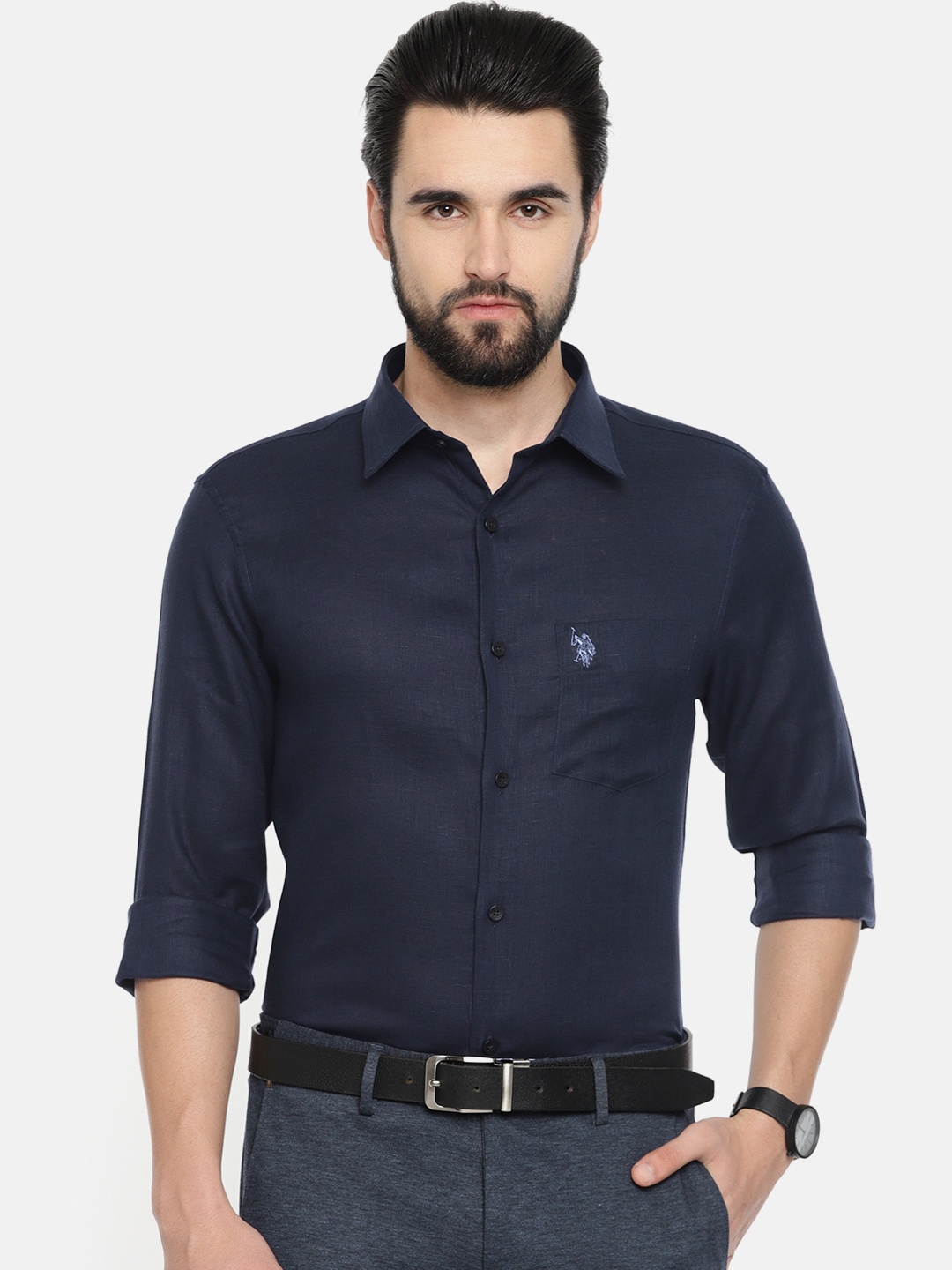 

U.S. Polo Assn. Men Navy Regular Fit Solid Formal Linen Shirt, Navy blue