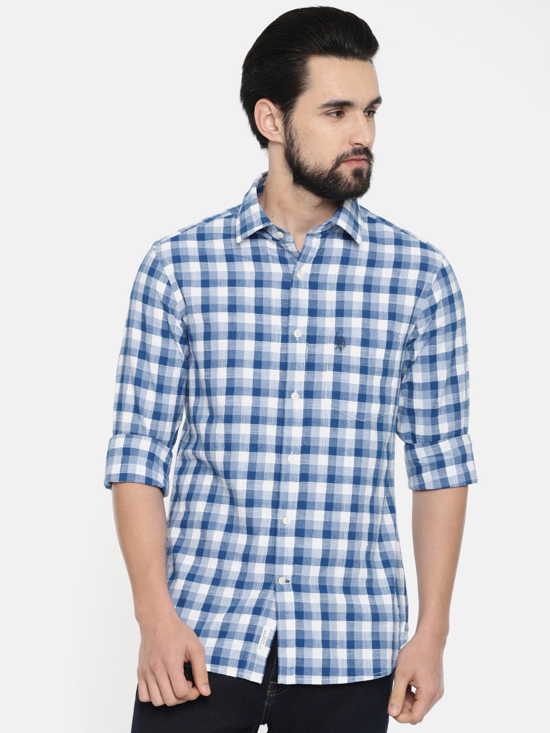 

U.S. Polo Assn. Men Blue & White Tailored Fit Checked Casual Shirt