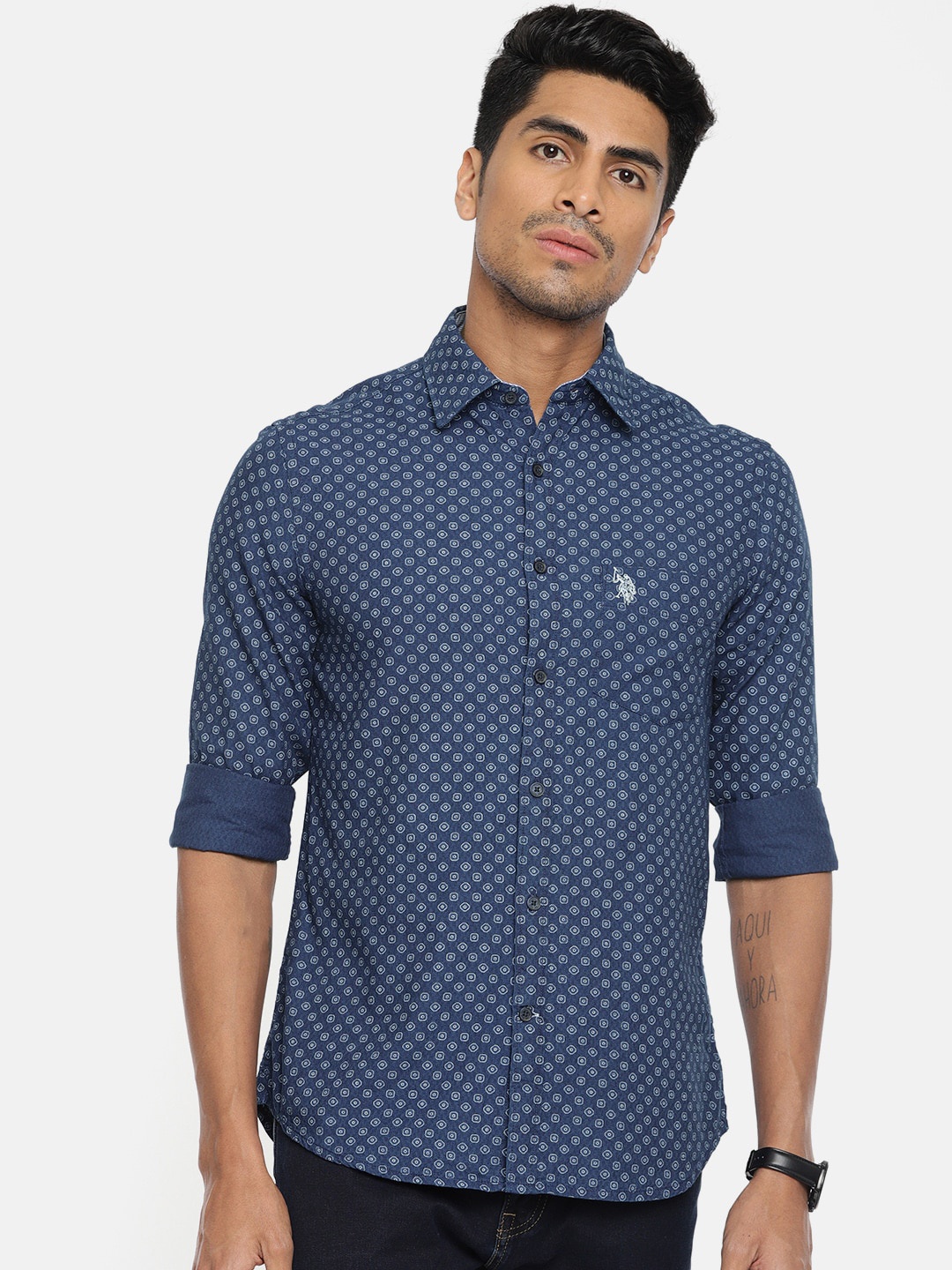 

U.S. Polo Assn. Men Blue Tailored Fit Printed Casual Shirt