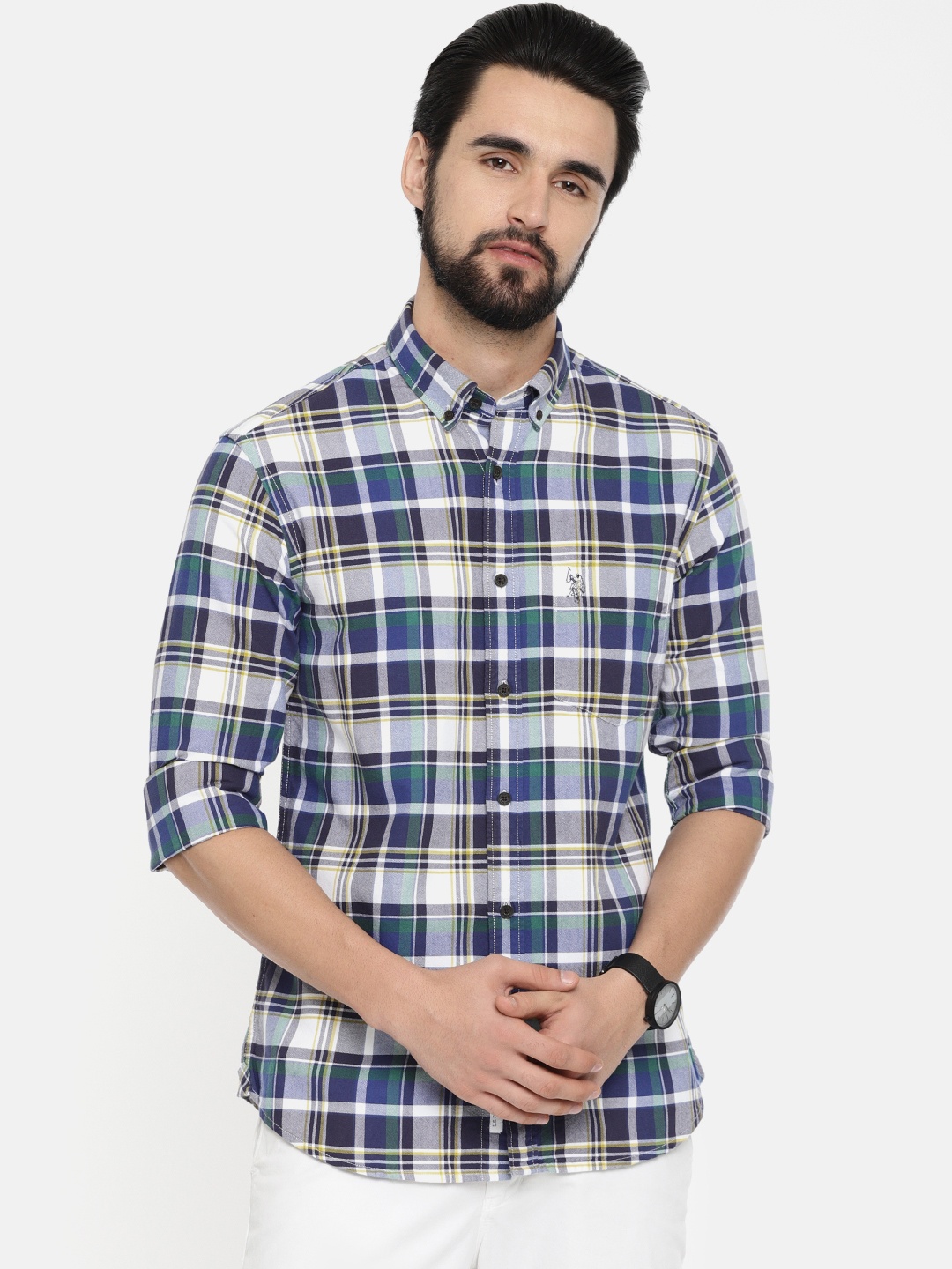 

U.S. Polo Assn. Men Navy & White Regular Fit Checked Casual Shirt, Navy blue