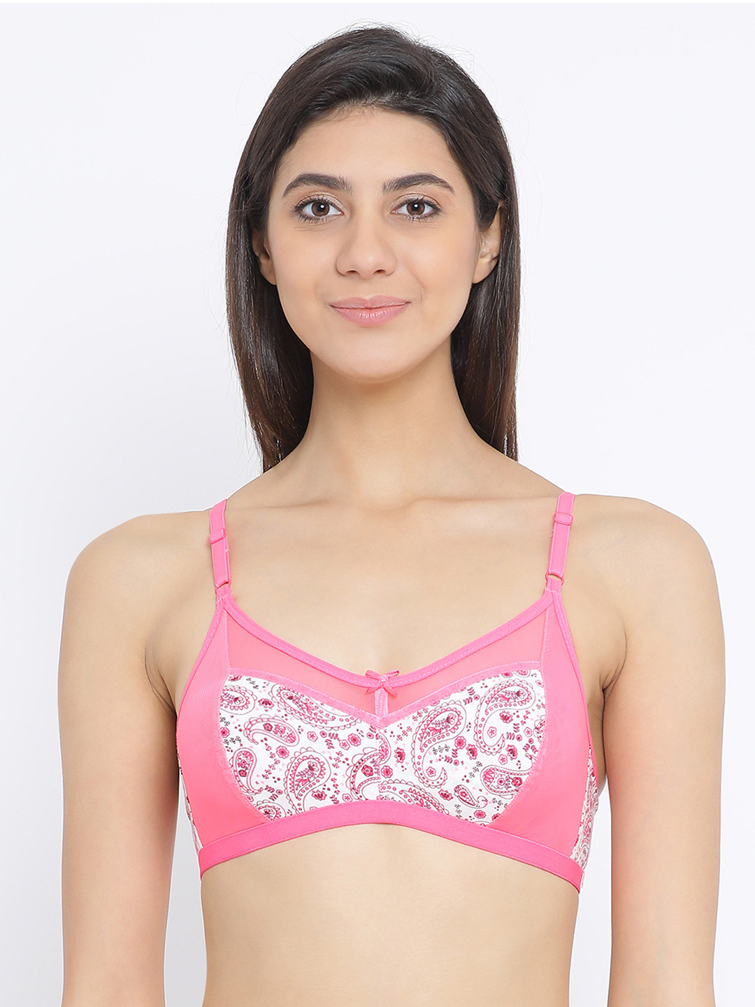 

Clovia Cotton Non-Padded Non-Wired Printed Bra With Powernet, Pink