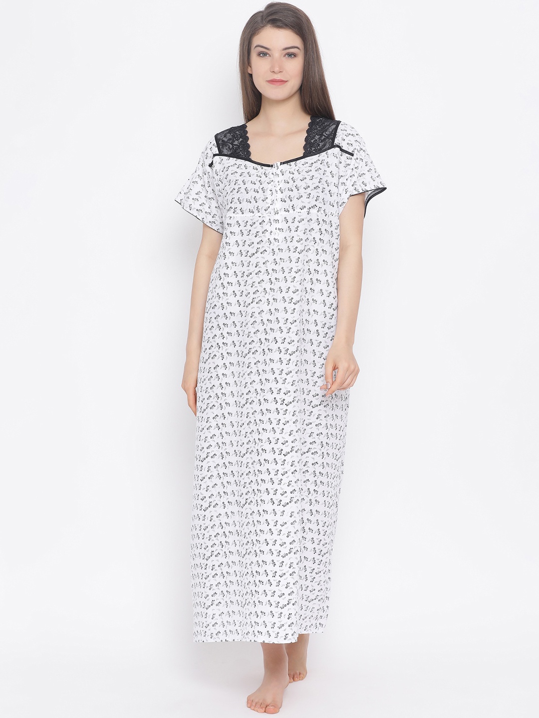 

Clovia Women White & Black Printed Maxi Nightdress