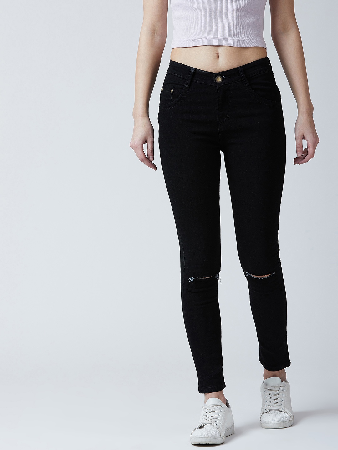 

The Dry State Women Black Slim Fit Mid-Rise Slash Knee Jeans