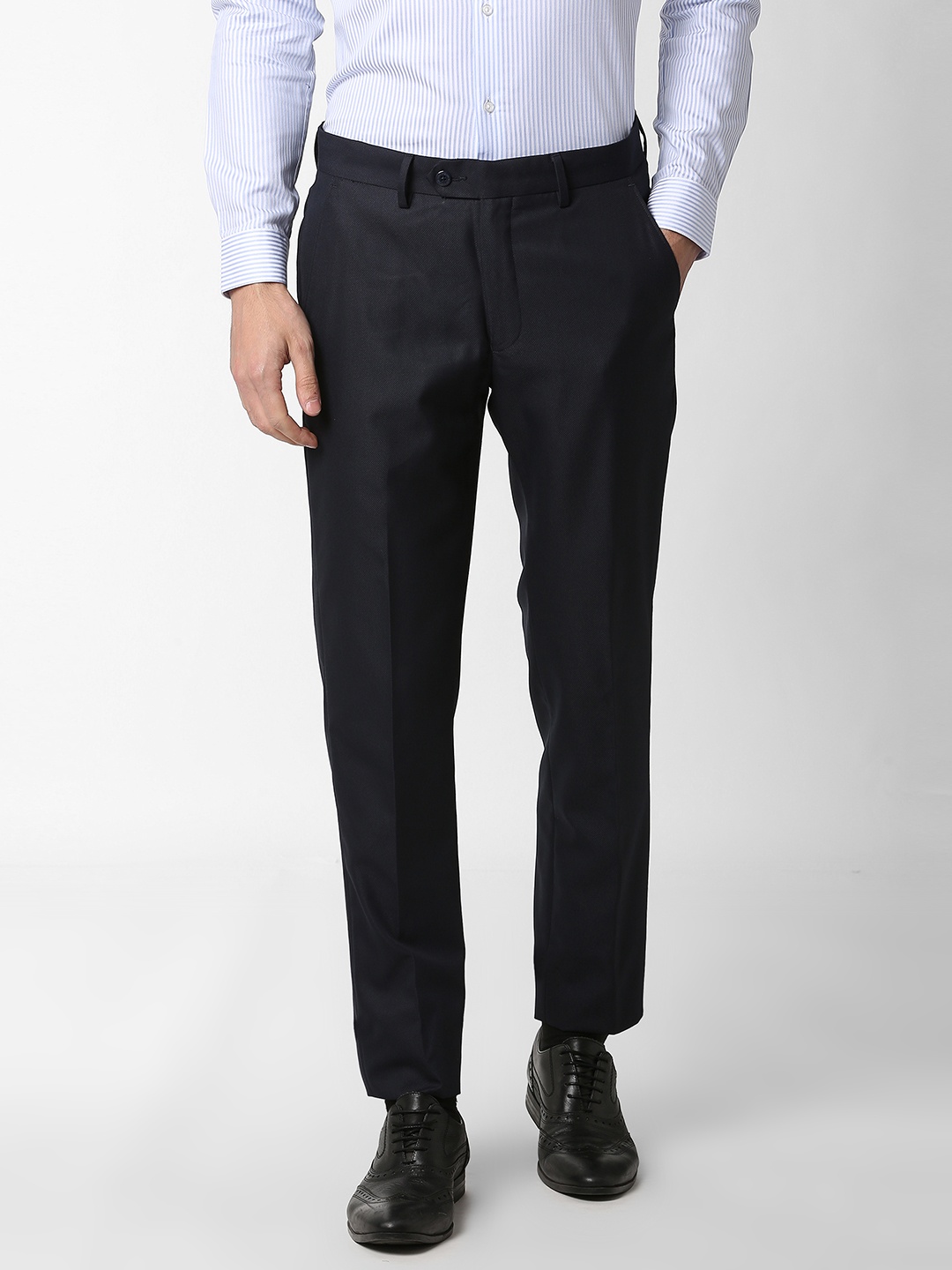 

Peter England Men Navy Blue Slim Fit Self Design Formal Trousers