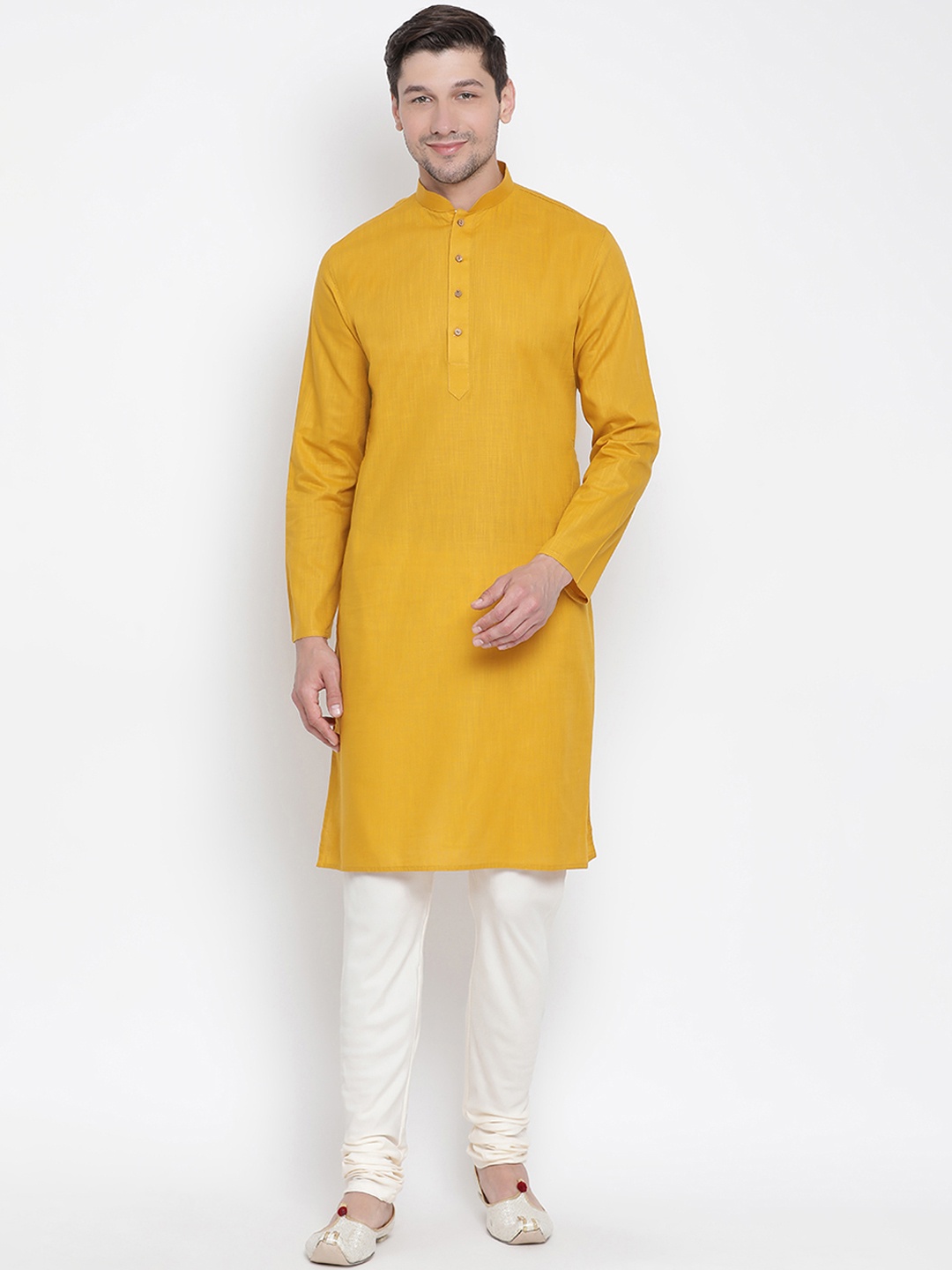 

VASTRAMAY Men Yellow & White Solid Kurta with Churidar