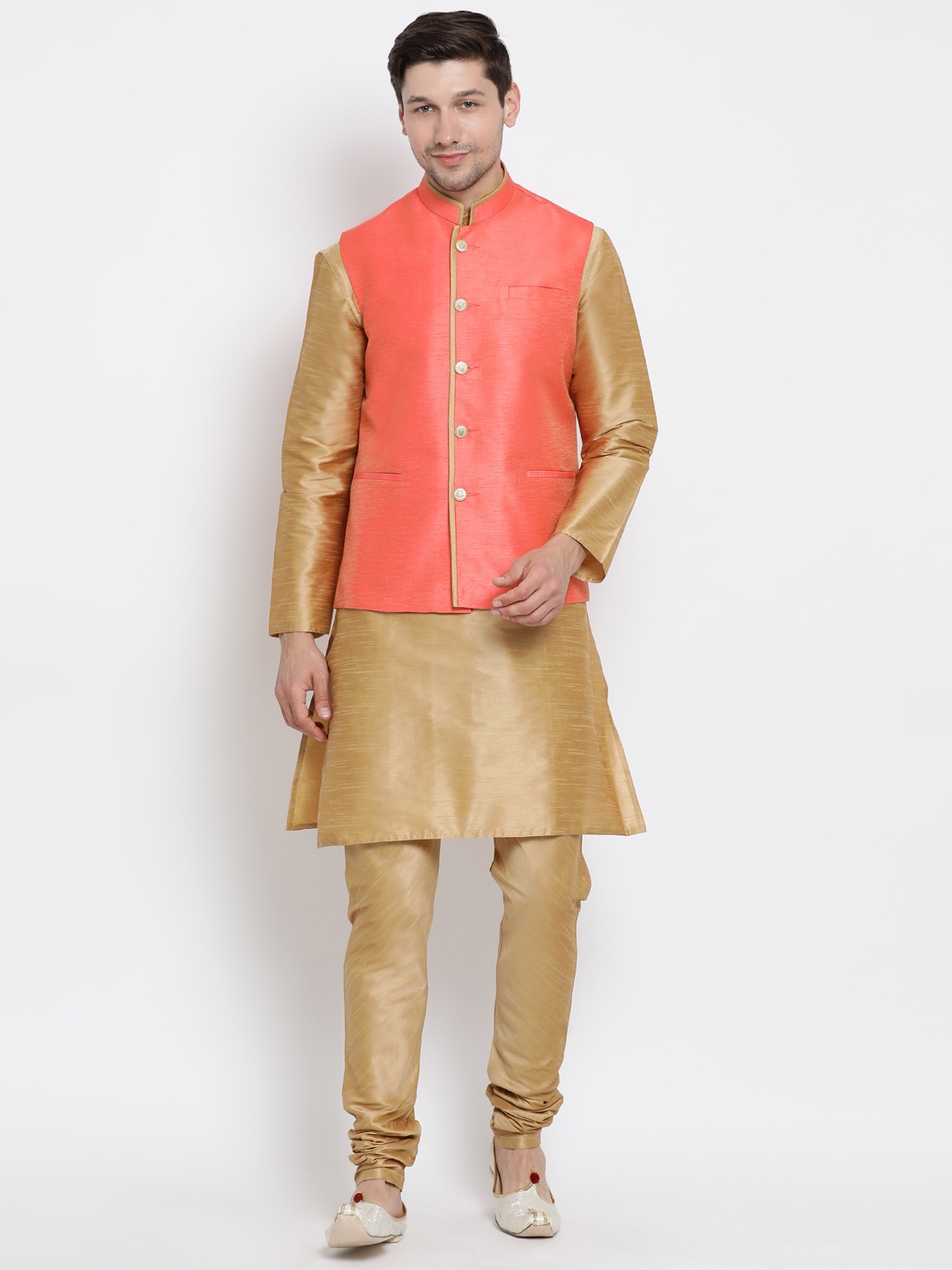 

VASTRAMAY Men Beige Solid Kurta with Churidar & Jacket