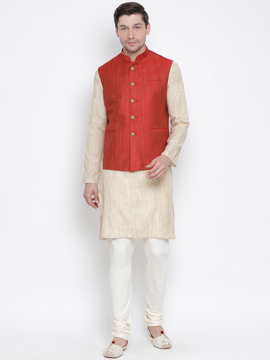 

VASTRAMAY Men Beige & White Solid Kurta with Pyjamas