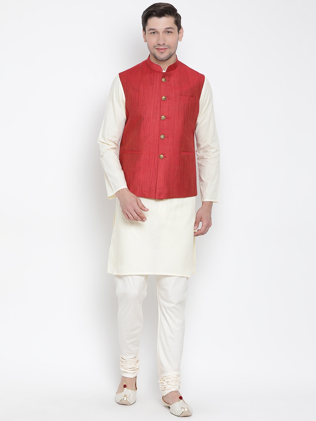 

VASTRAMAY Men Beige Solid Kurta with Pyjamas & Jacket