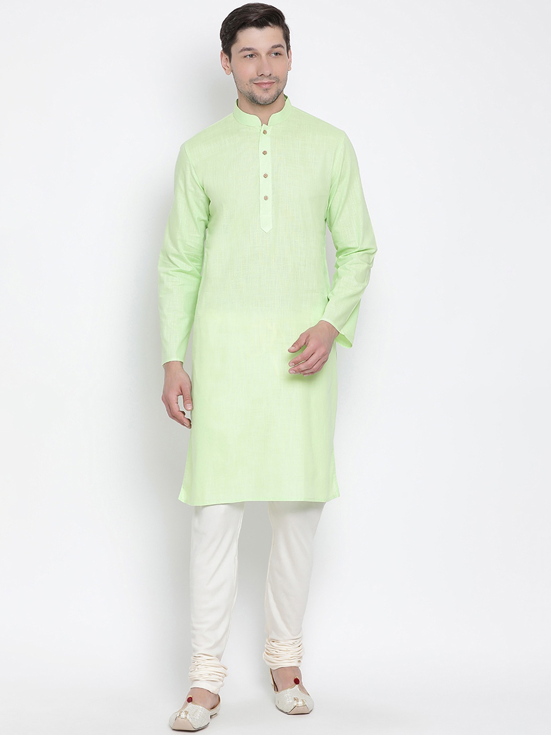 

VASTRAMAY Men Fluorescent Green & Off-White Solid Kurta with Pyjamas