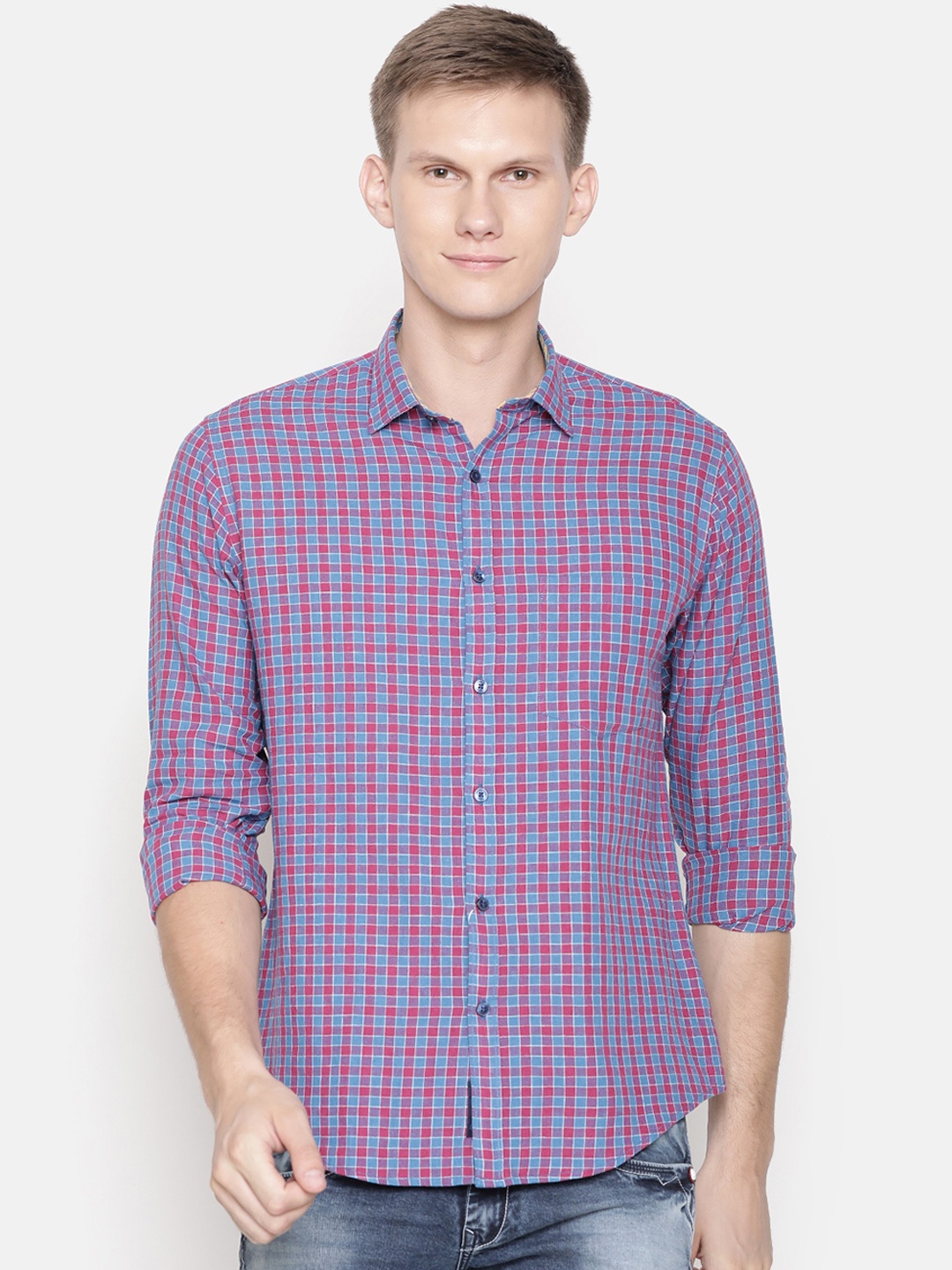 

CAVALLO by Linen Club Men Linen Cotton Red Regular Fit Checked Casual Shirt