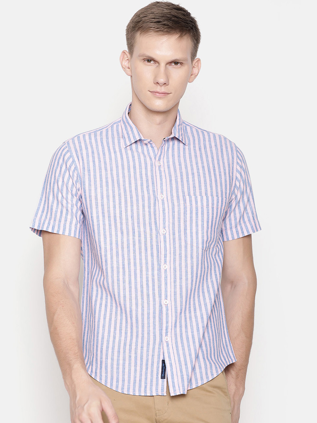 

CAVALLO by Linen Club Men Blue Striped Linen Cotton Casual Shirt
