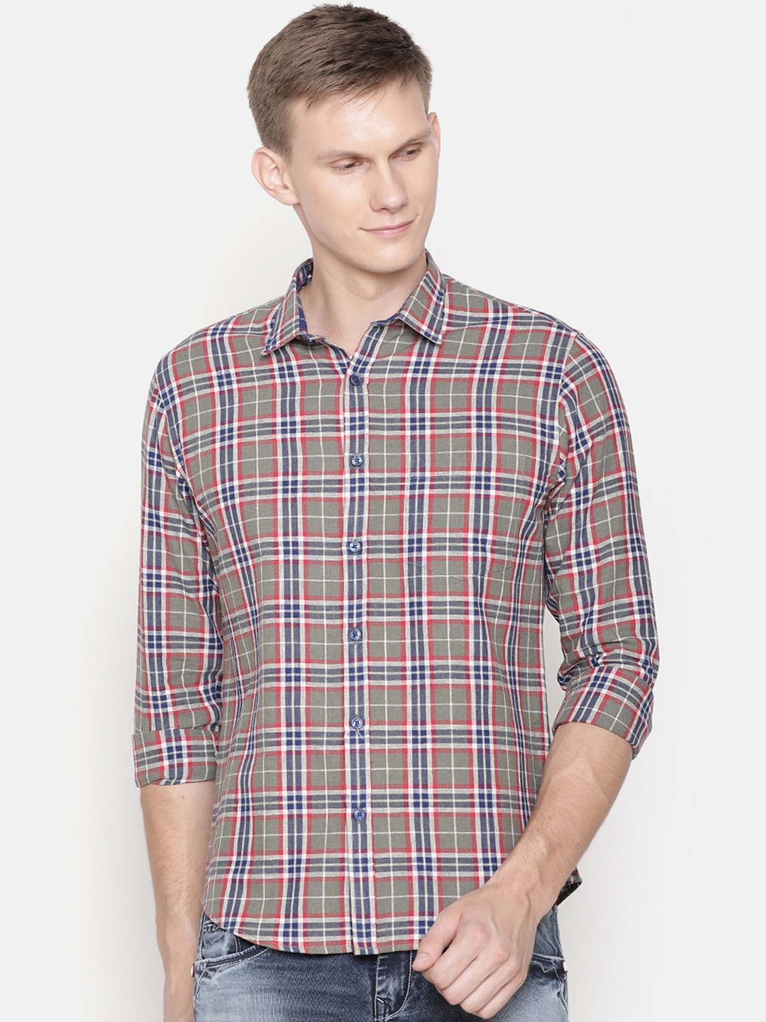 

CAVALLO by Linen Club Men Olive Green Linen Cotton Regular Fit Checked Casual Shirt