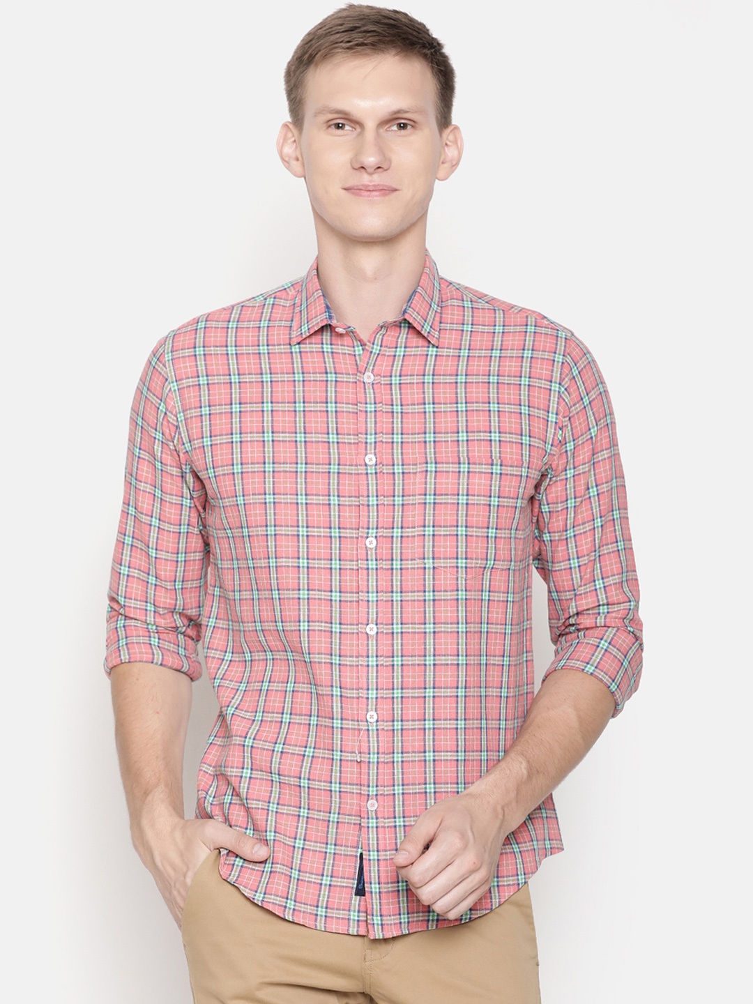 

CAVALLO by Linen Club Men Red Linen Cotton Regular Fit Checked Casual Shirt