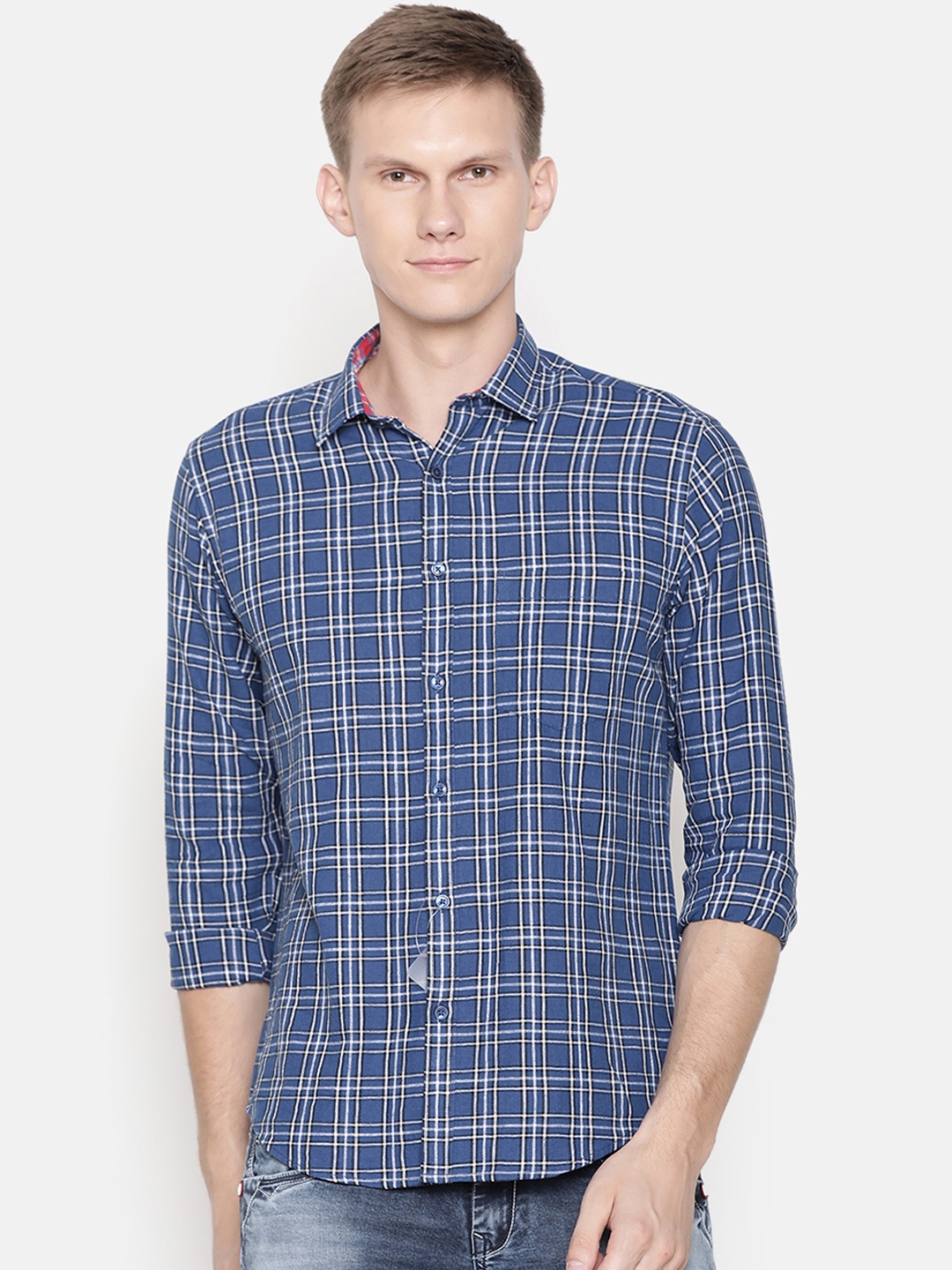 

CAVALLO by Linen Club Men Navy Blue Linen Cotton Regular Fit Checked Casual Shirt