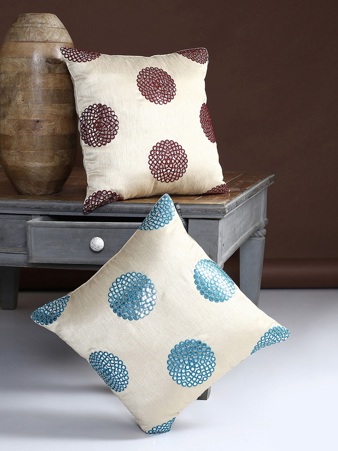 

ROMEE Beige Set of 2 Geometric Square Cushion Covers