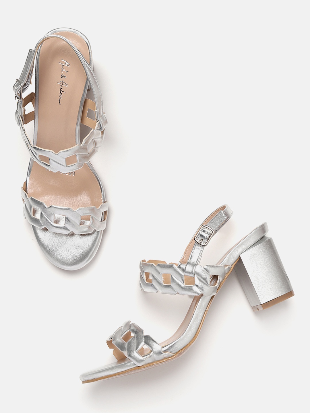 

Mast & Harbour Women Silver-Toned Cut-Work Block Heels