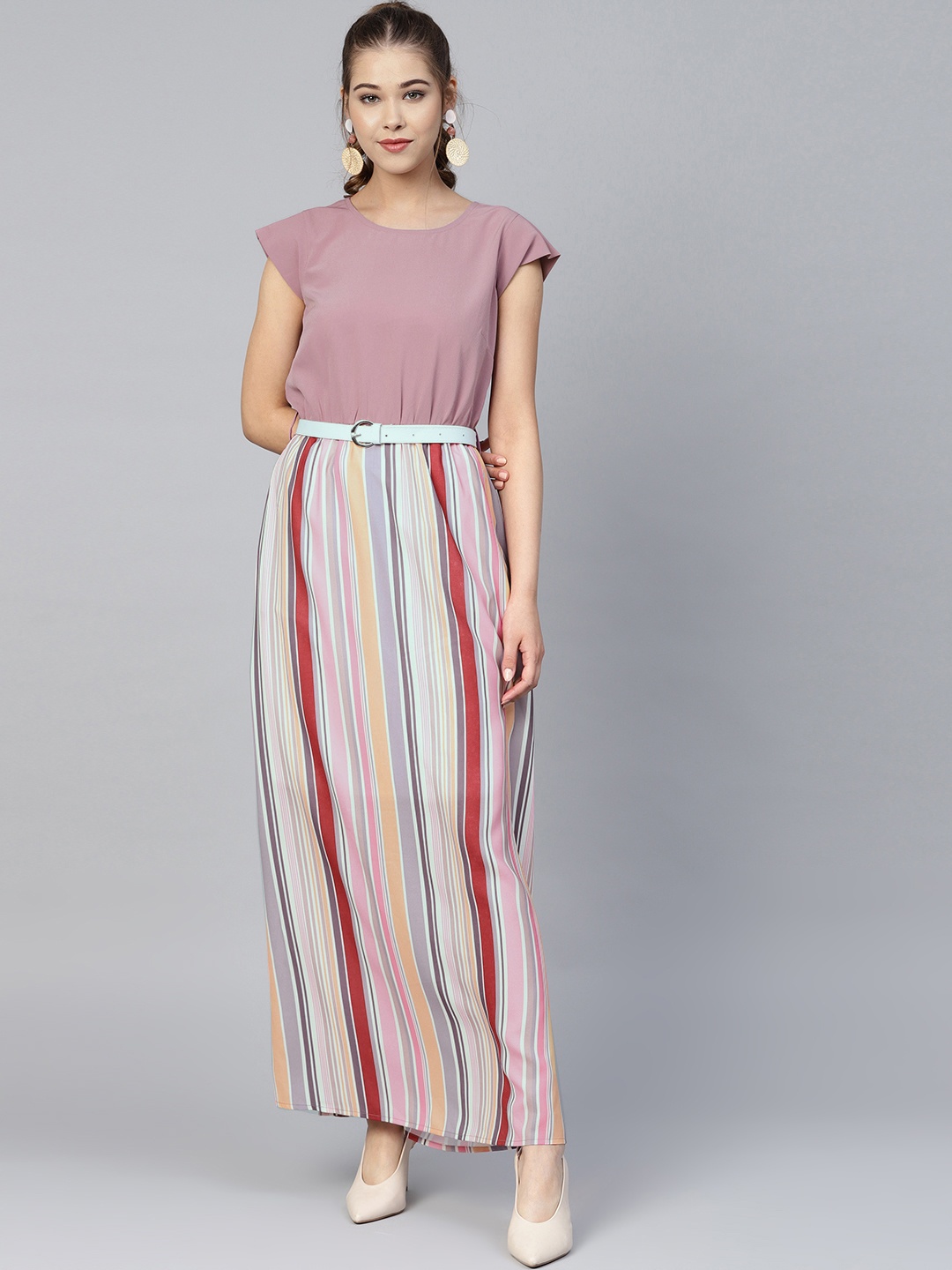 

Athena Women Mauve & Off-White Striped Maxi Dress