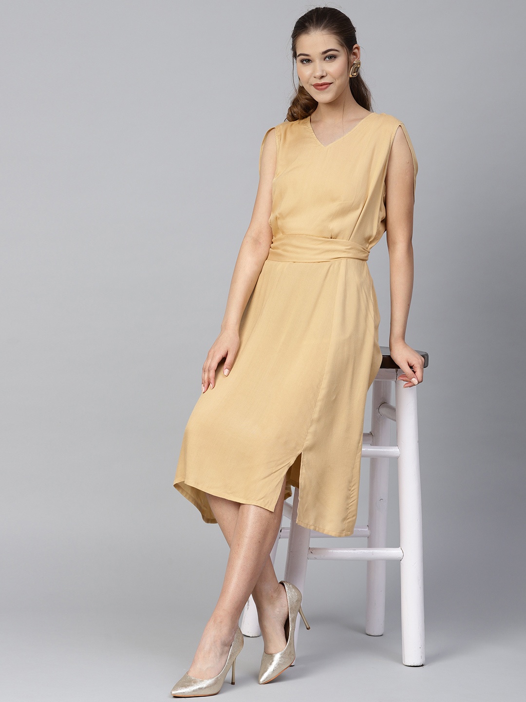 

Athena Women Beige Solid Fit & Flare Dress