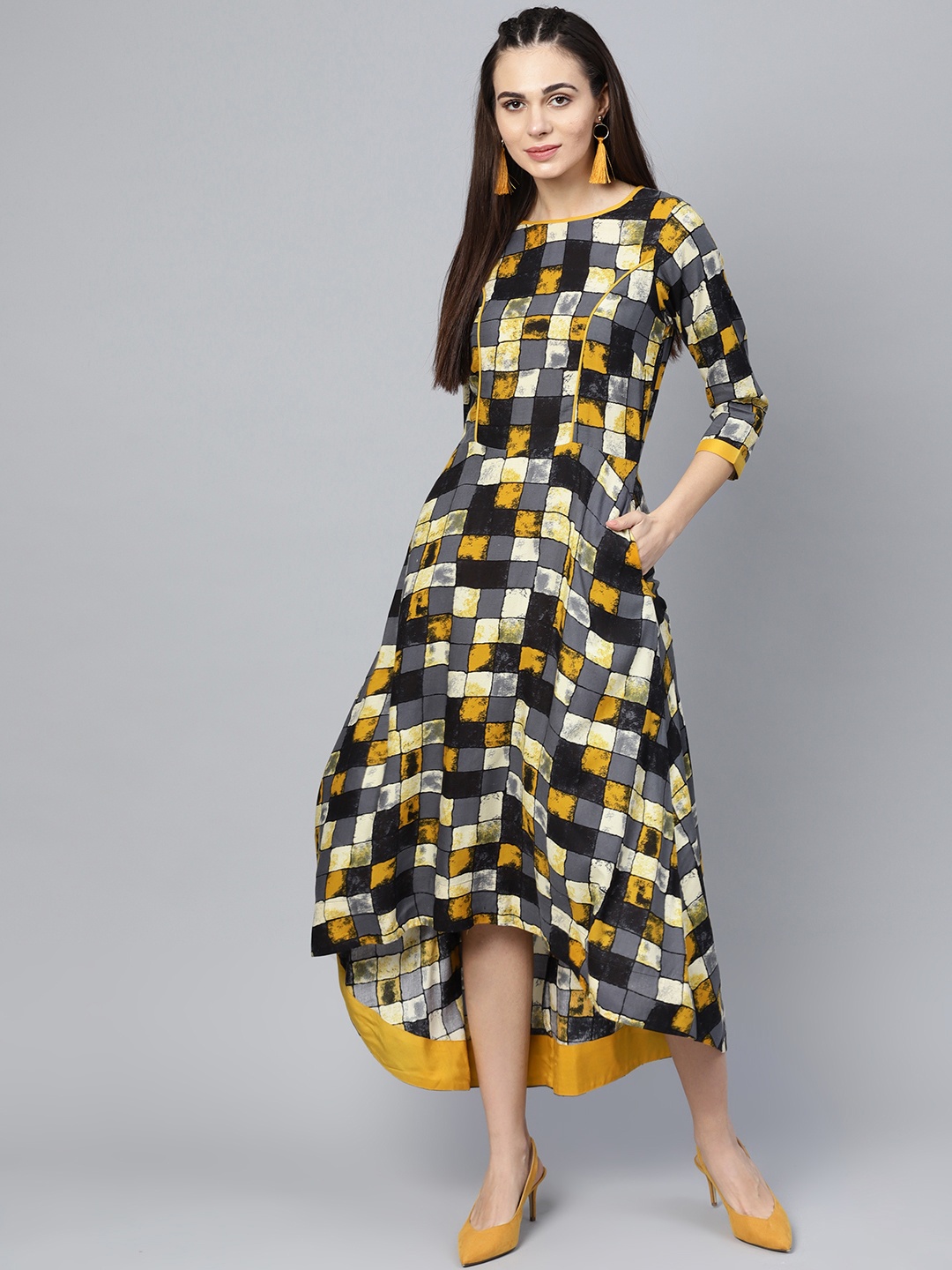 

Athena Women Grey & Yellow Checked Maxi Dress