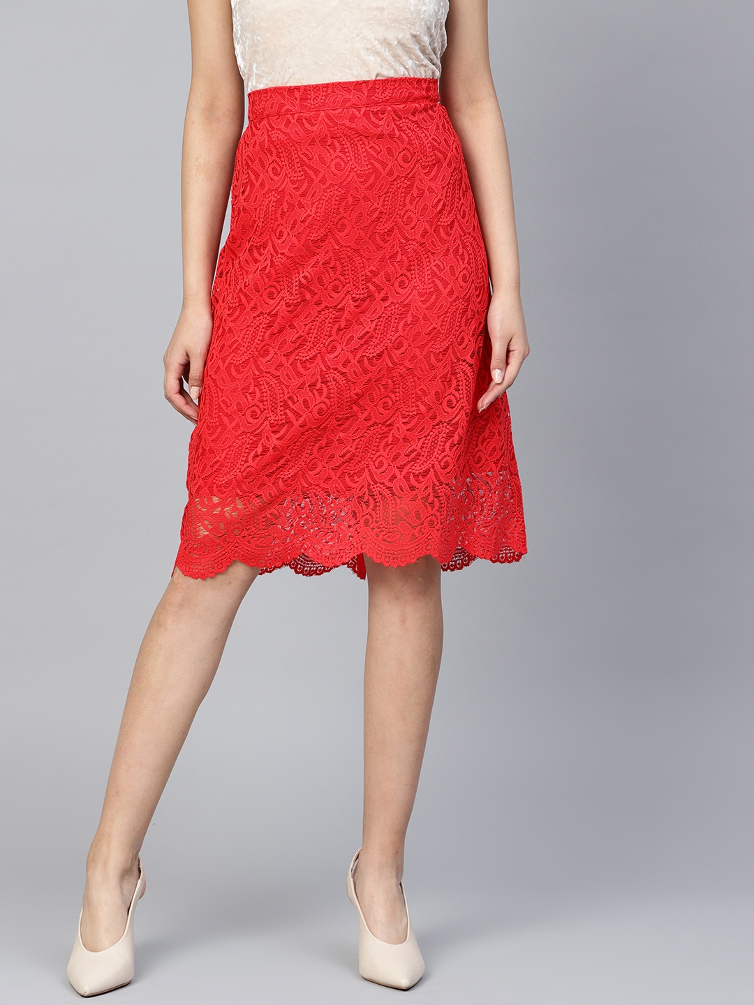 

Athena Women Red Lace A-Line Skirt