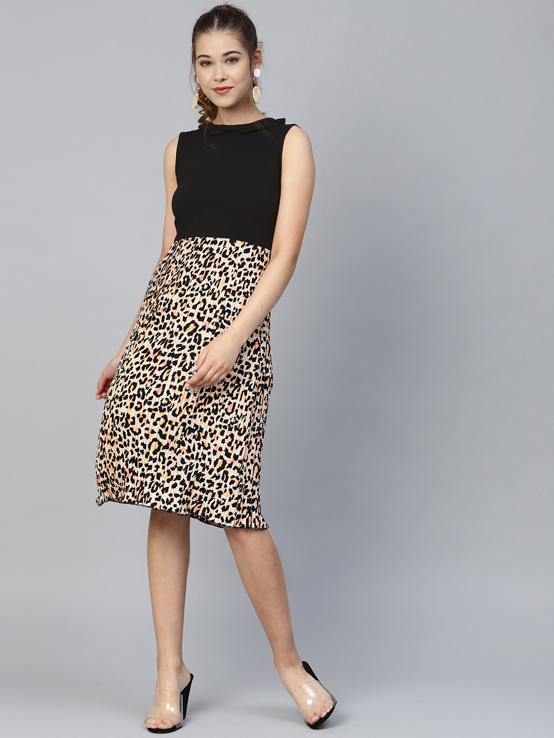 

Athena Women Black & Beige Animal Print Pleated A-Line Dress