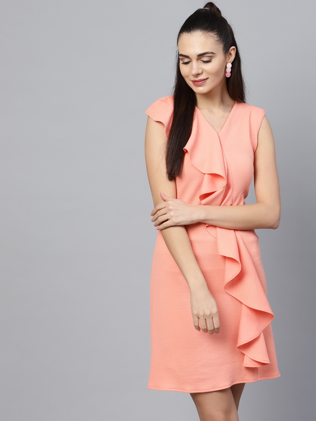 Athena Women Coral Orange Self Design A-Line Dress