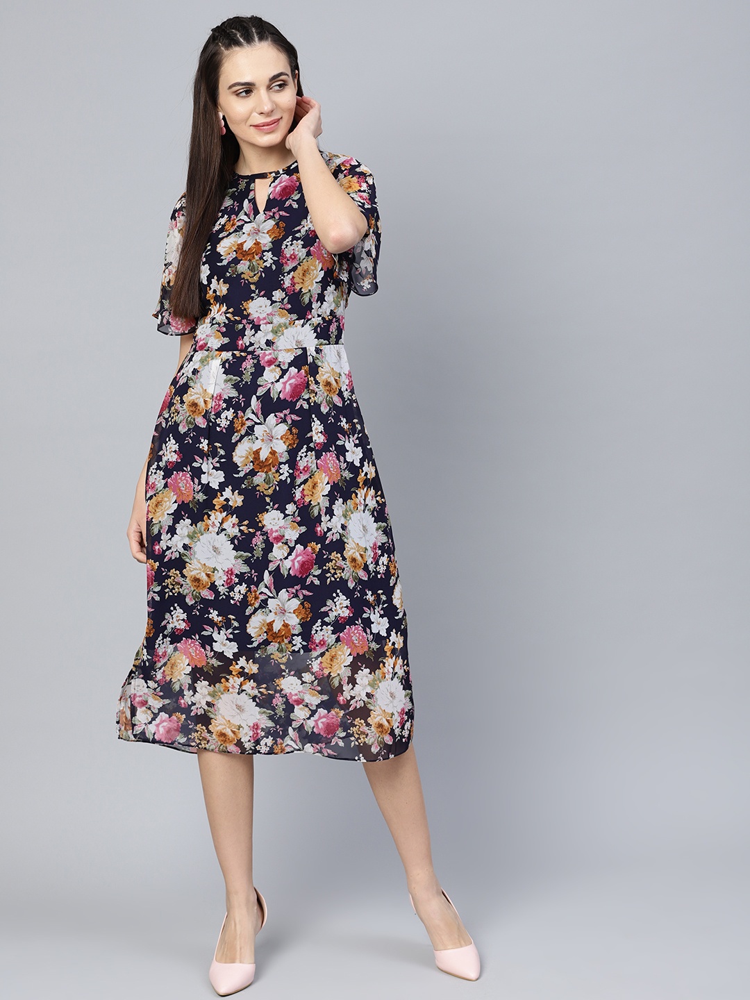 

Athena Women Navy Blue & Grey Printed A-Line Dress