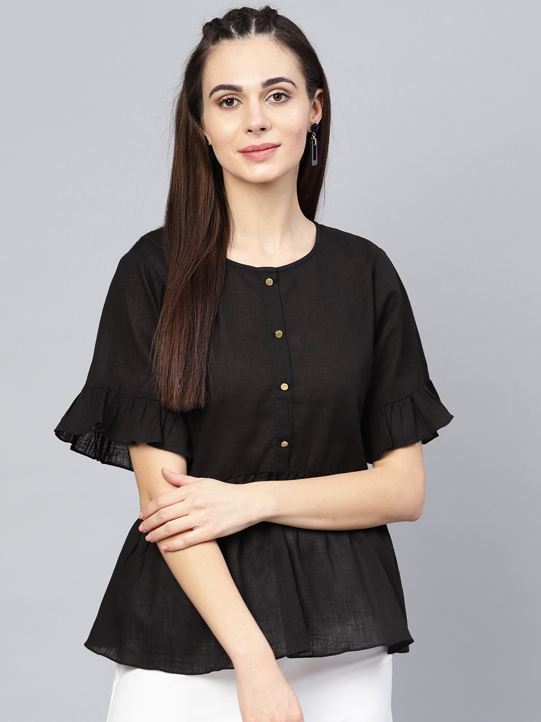 

Athena Women Black Solid A-Line Pure Cotton Top