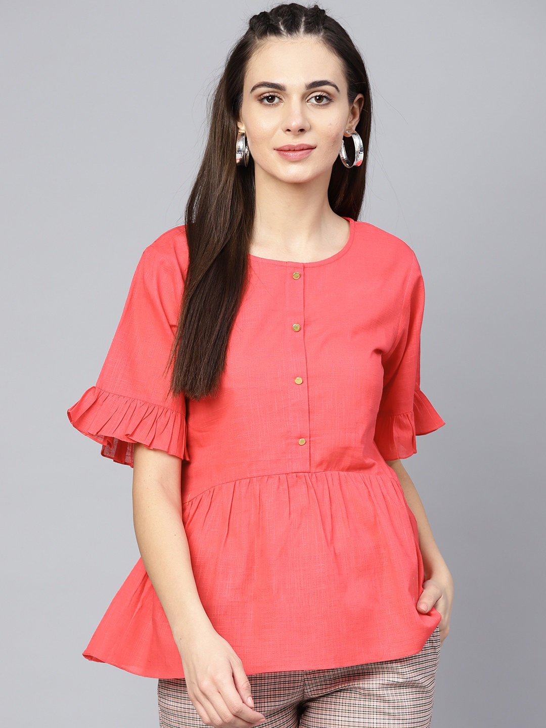 

Athena Women Coral Red Solid A-Line Pure Cotton Top