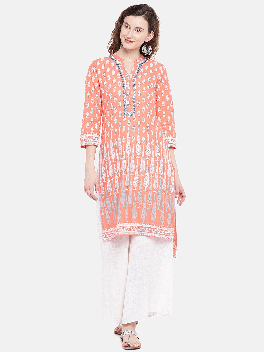 

Globus Women Orange Printed Straight Kurta