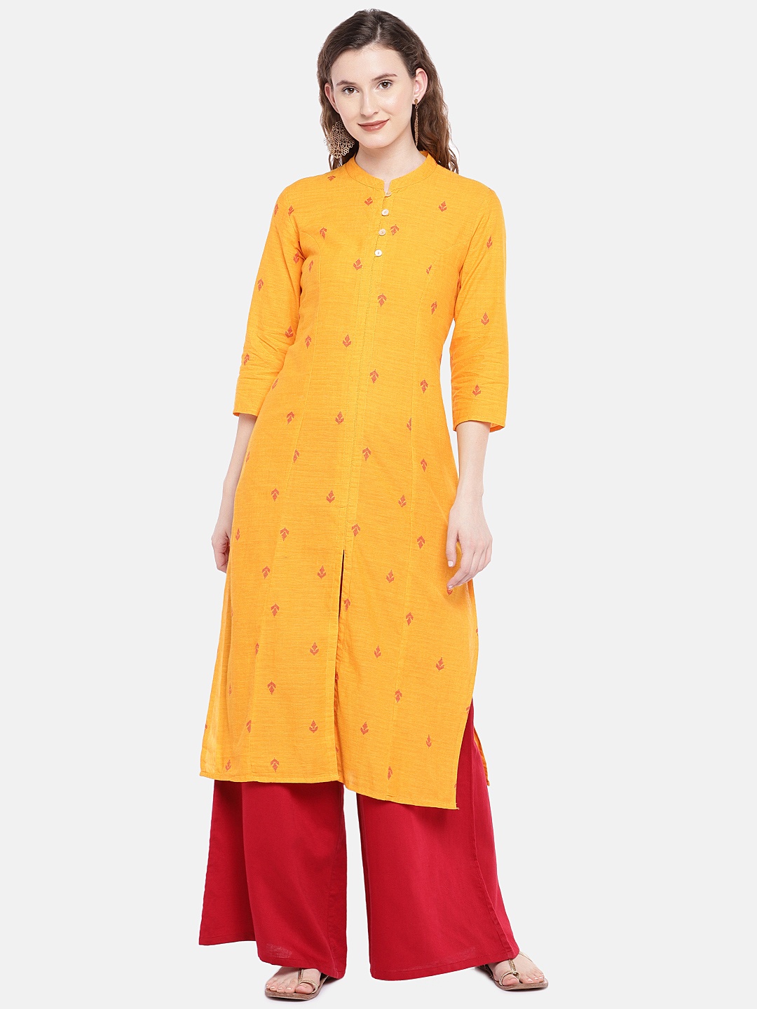 

Globus Women Yellow Woven Design Straight Kurta